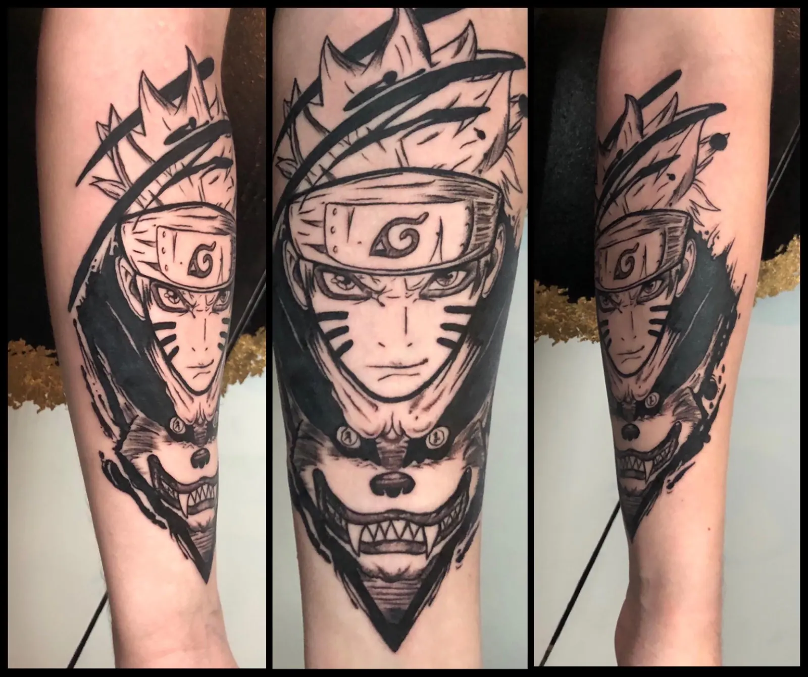 Anime Blackwork Tattoo von Naruto mit Stirnband und dem Fuchsgeist Kurama am Unterarm, aus drei Blickwinkeln fotografiert