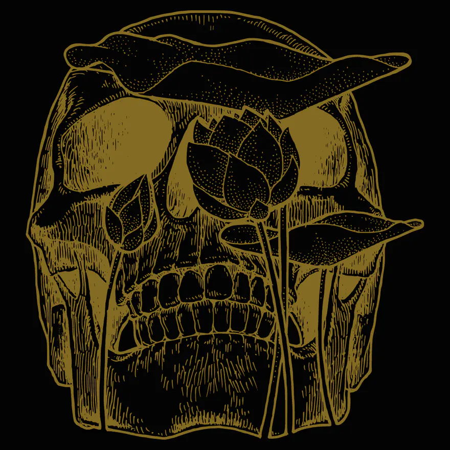 Totenkopf mit Lotus - Tattoo Flash Ink21 Wien Tattoo-Flash-Illustration: Totenkopf mit Lotusblüten in goldenen Linien auf Schwarz, Grafik von Ink21 Wien